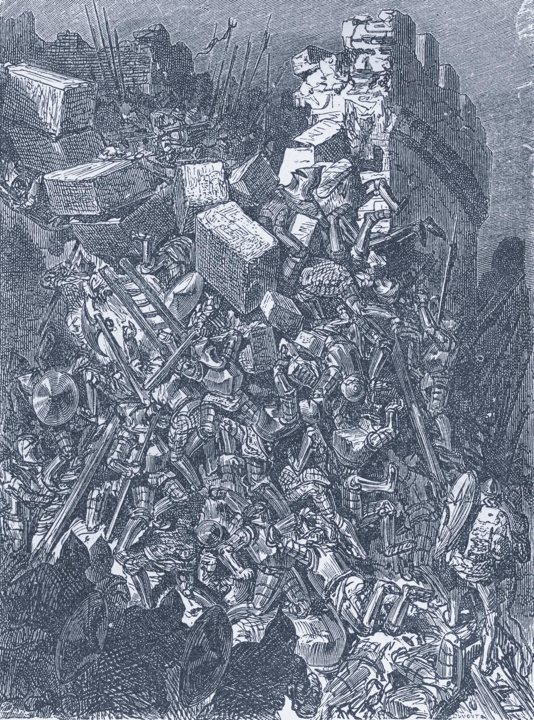 Gustave Doré engraving of an assault — pressing onward toward the next stage